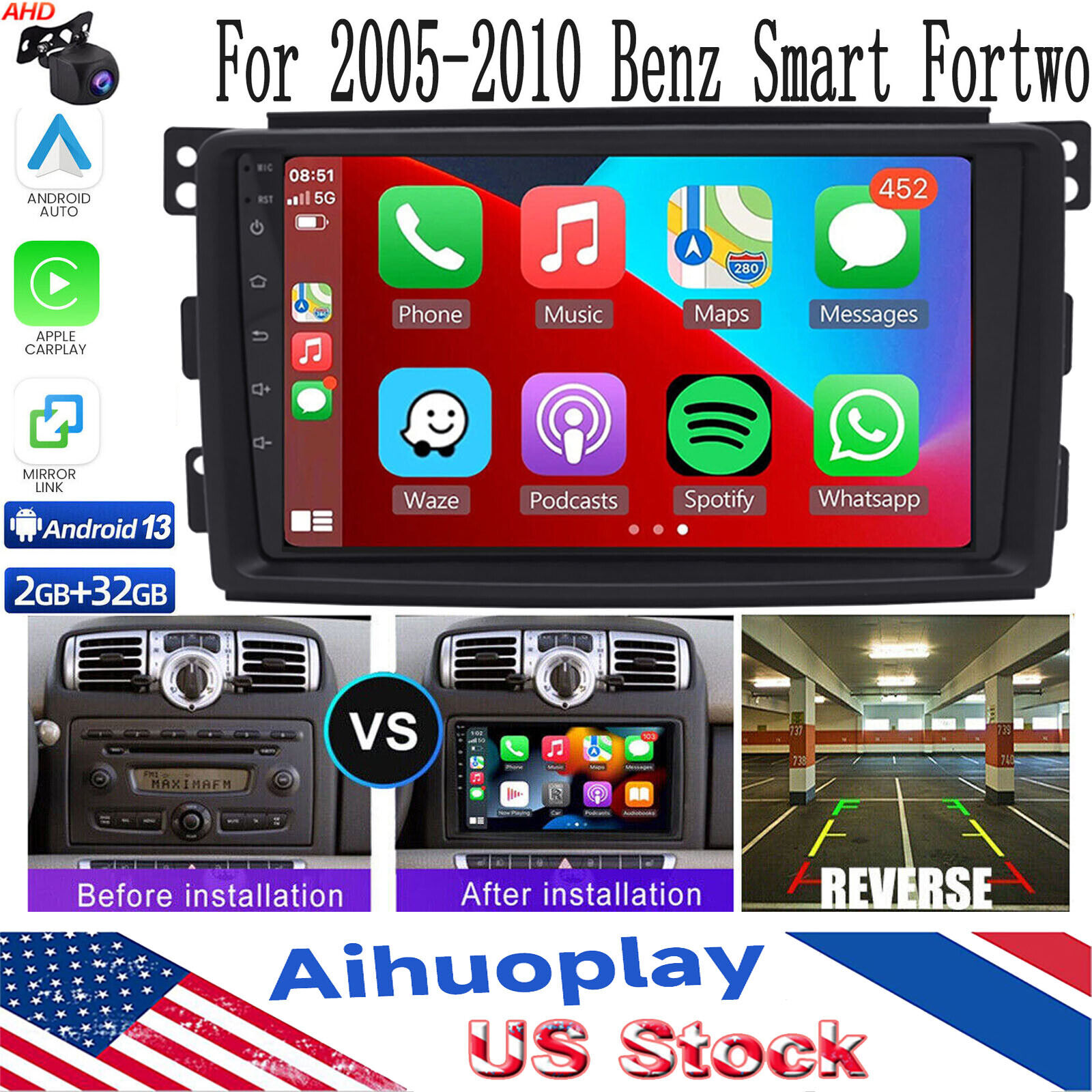 Android 13 Car Radio For 2005-2010 Benz Smart Fortwo GPS Navi RDS Stereo Carplay