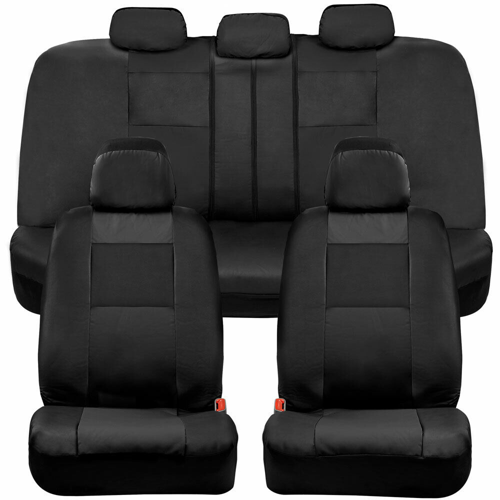BDK PU Leather Full Set Car Seat Covers - Front & Rear Two-Tone in Black