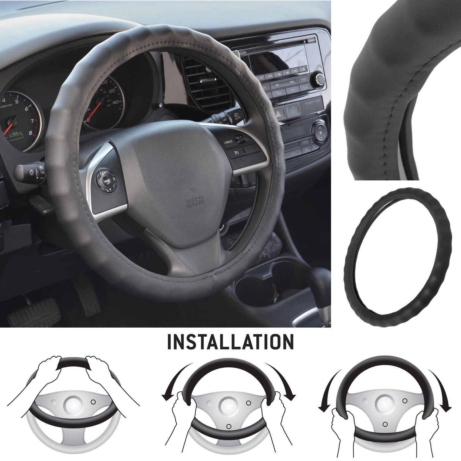 Genuine Leather Steering Wheel Cover for Car SUV Truck Medium 14.5