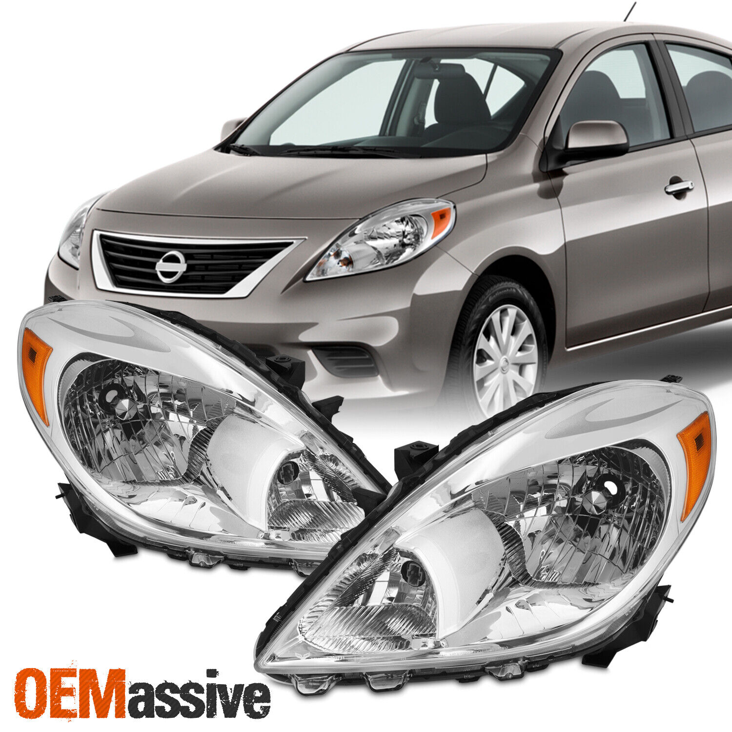 For 2012-2014 Nissan Versa Sedan Halogen Type Headlight OE Style Chrome Pair/Set