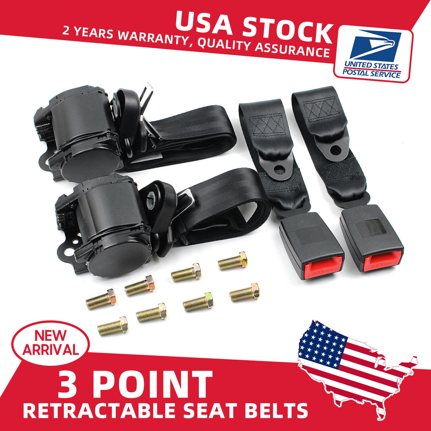 2 Universal 3 Point Retractable Black Seat Belts for Chrysler PT Cruiser 01-10
