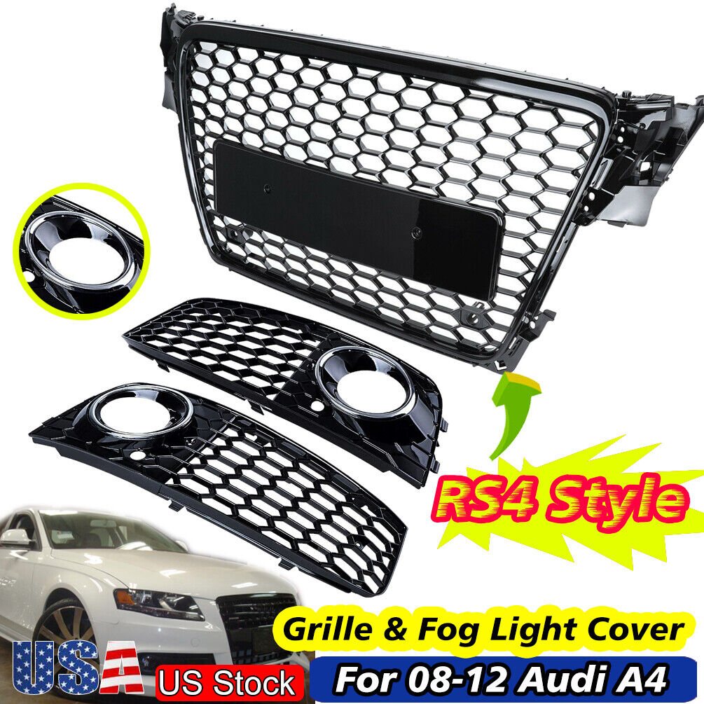 For 09-12 Audi A4/S4 8T B8 Honeycomb Sport Mesh Grille Grill & Fog light Cover