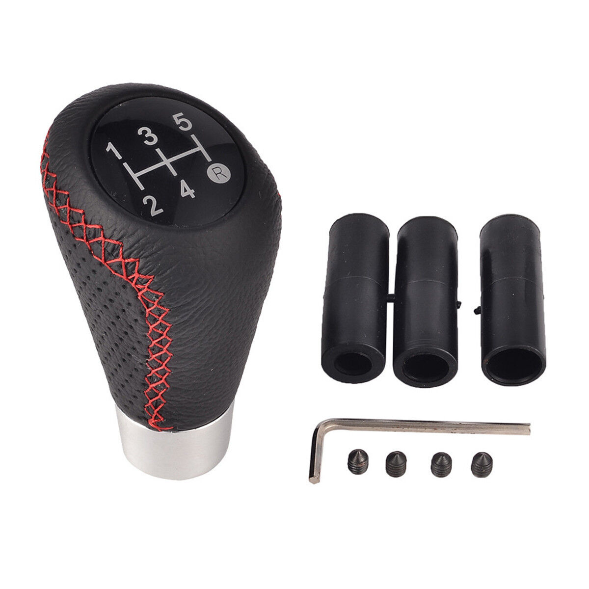 5 Speed Leather Black & Red Line Stitched Manual Car Gear Stick Shift Knob