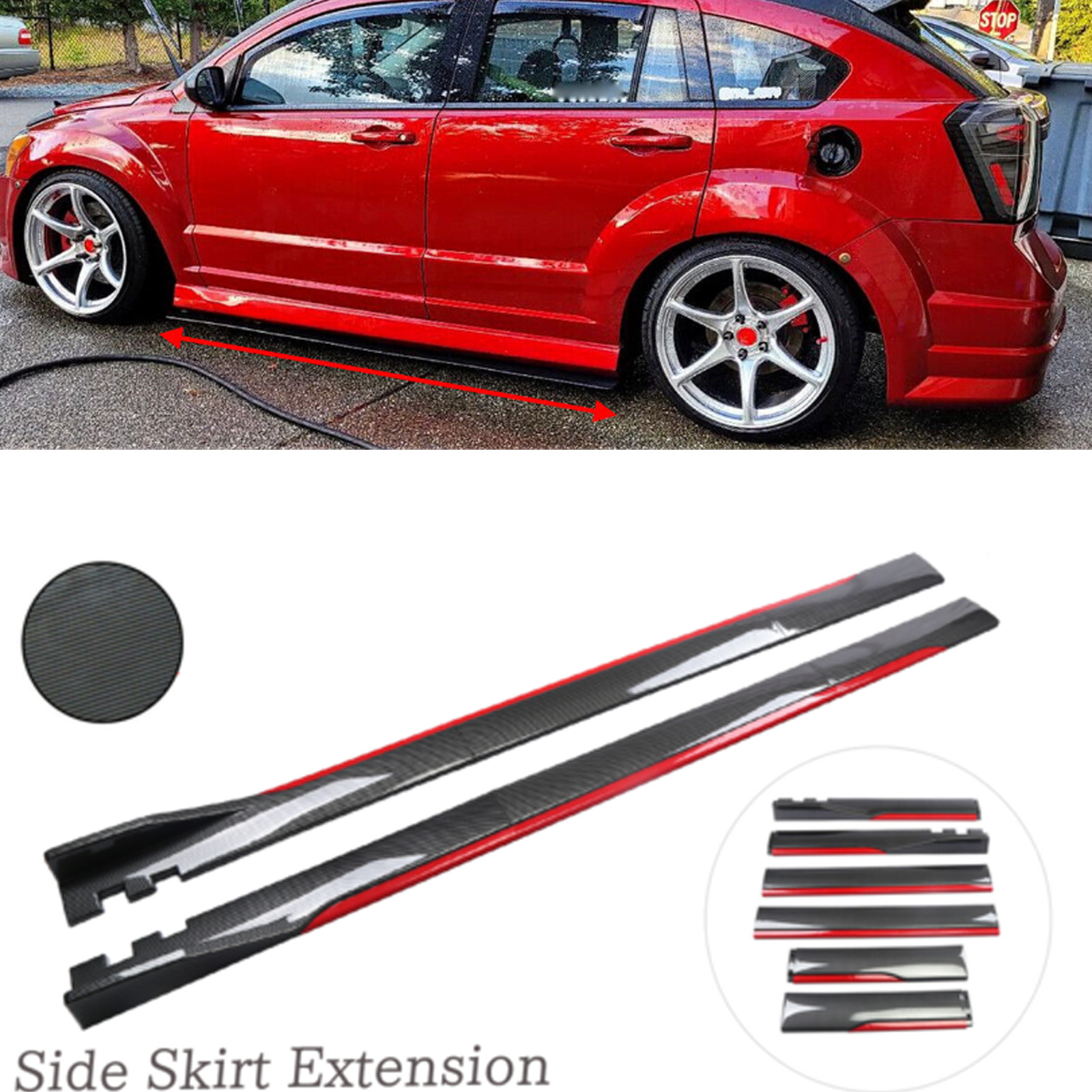 For Dodge Caliber SRT4 Carbon Fiber + Red  Look Side Skirt Extension Spoiler