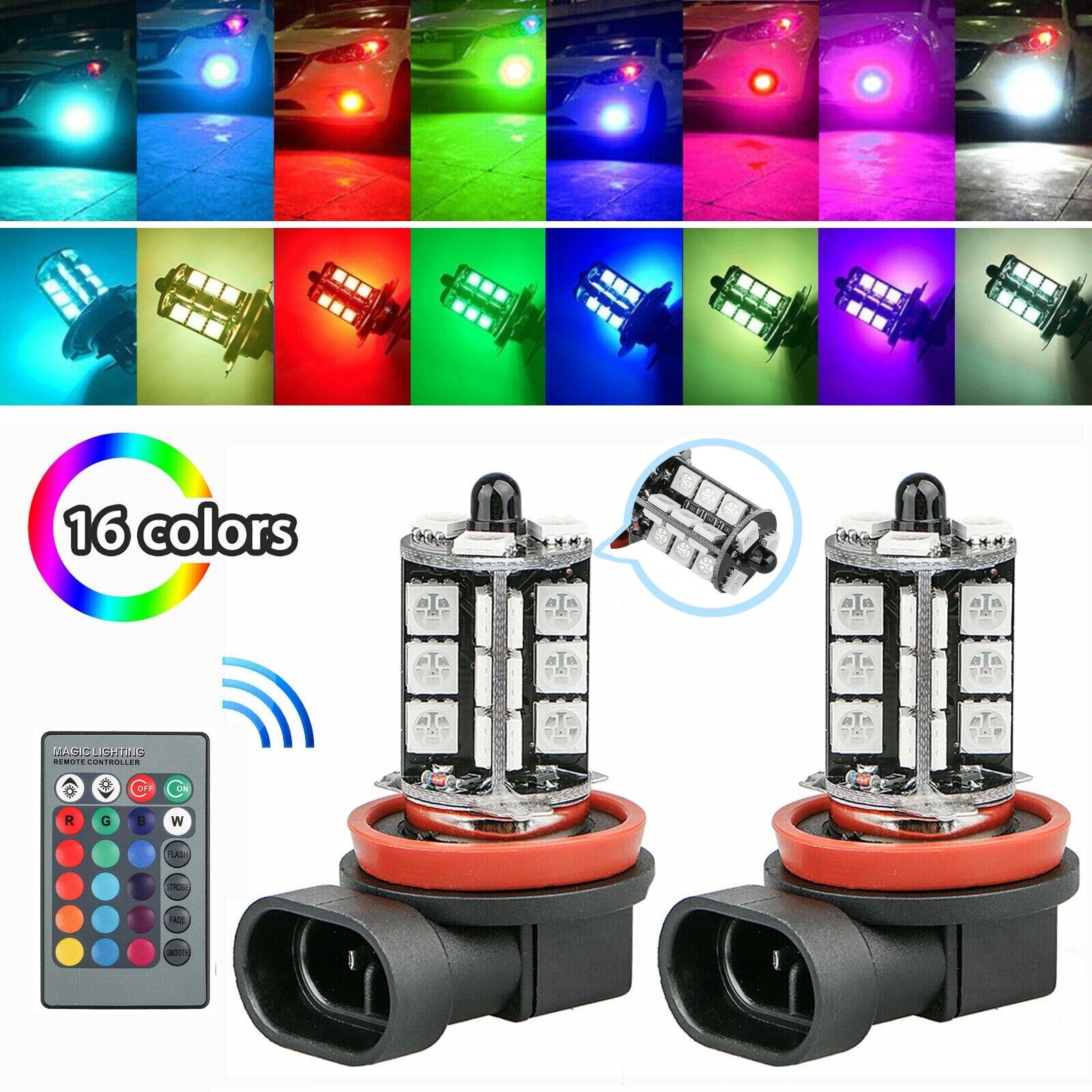 2pcs H8 H9 H11 LED Fog Light Bulbs 16 Color Changing RGB Remote High Power Lamp
