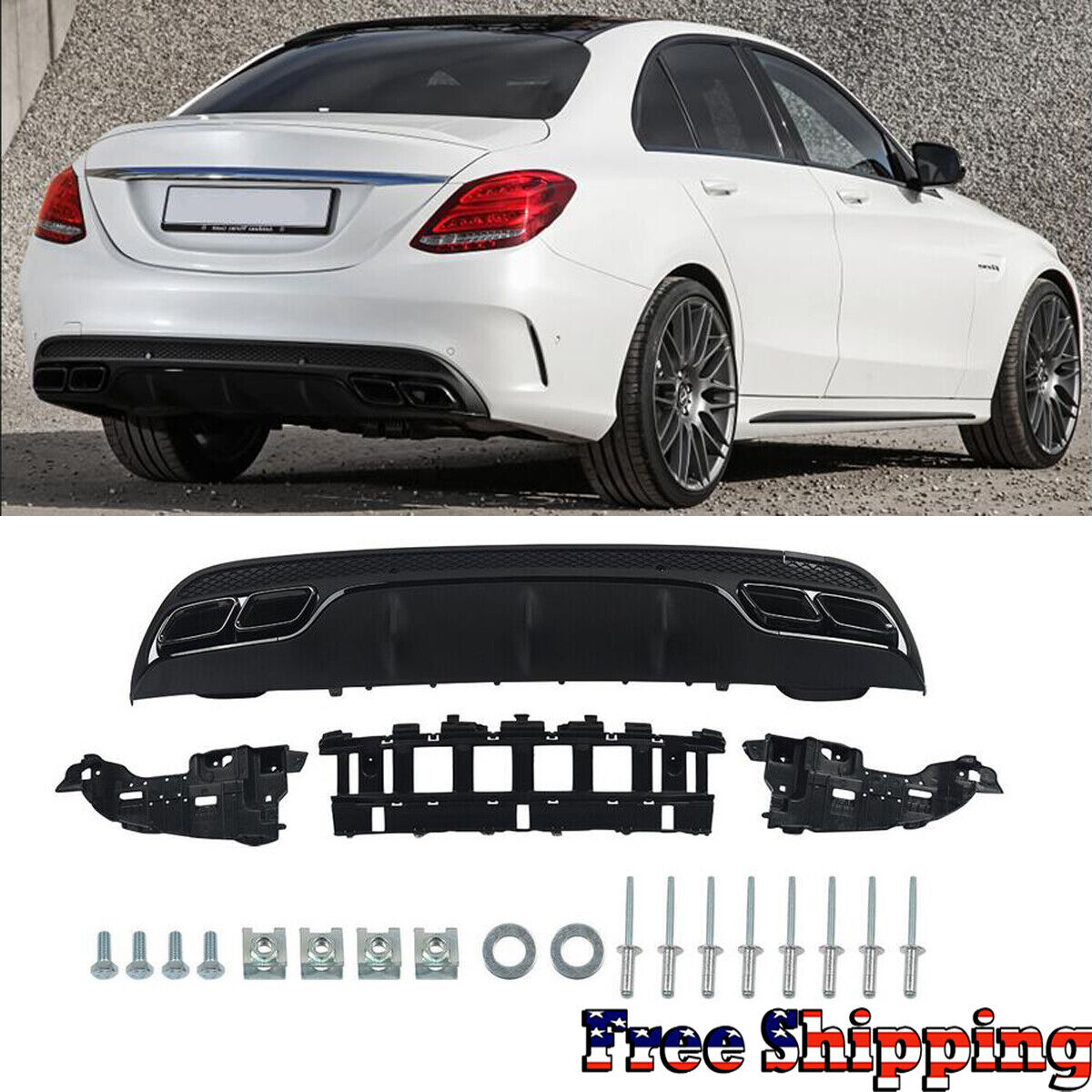 Rear Diffuser + Exhaust Tips For Mercedes Benz W205 C300 C350 AMG-Line 2014-19
