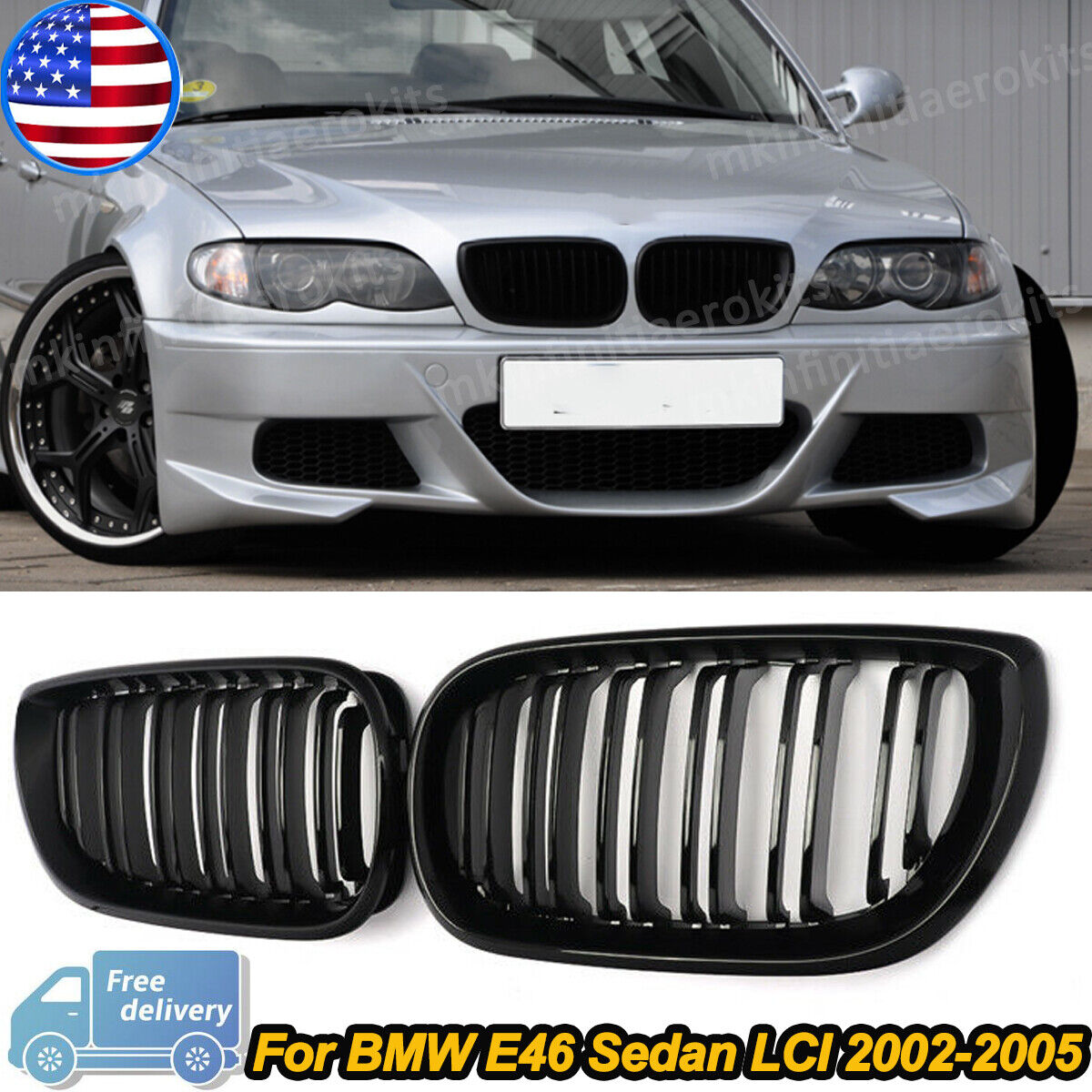 Pair Gloss Black Front Kidney Grille Grill For BMW E46 320i 325i Sedan 2002-2005