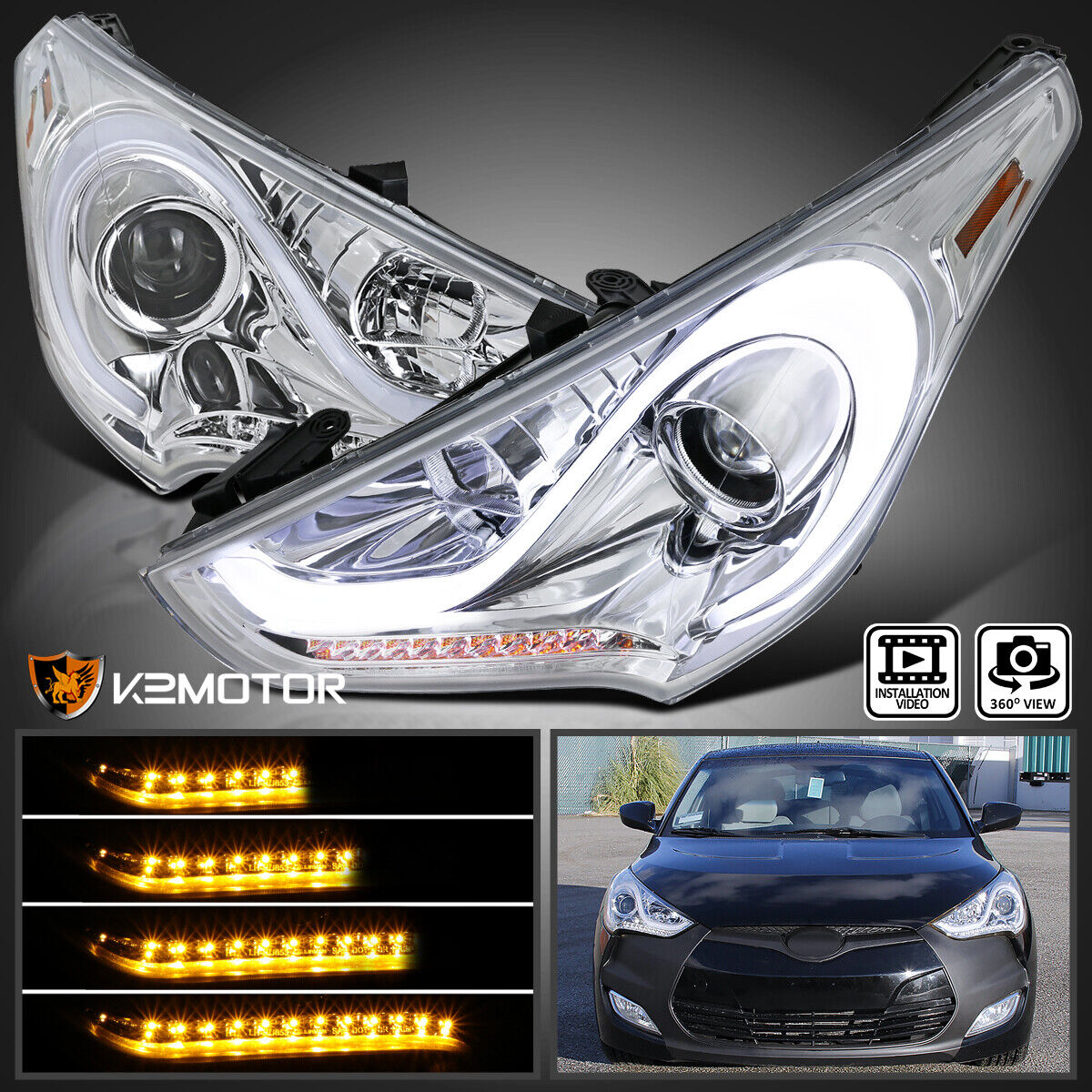 Clear Fits 2012-2017 Hyundai Veloster Projector Headlights LED Sequential Signal