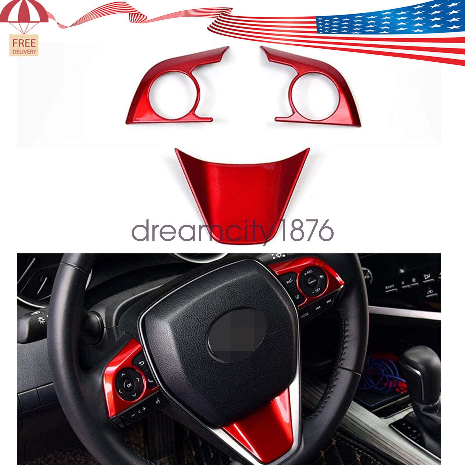 3Pcs New Red ABS Interior Steering Wheel Cover Trims for Toyota Camry 2018-2022