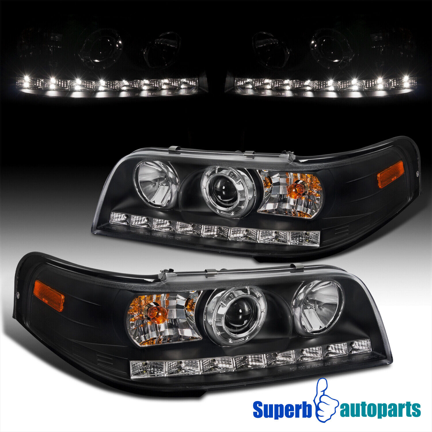 Fit 1998-2011 Ford Crown Victoria Projector Headlights Black Head Lamp LED Strip