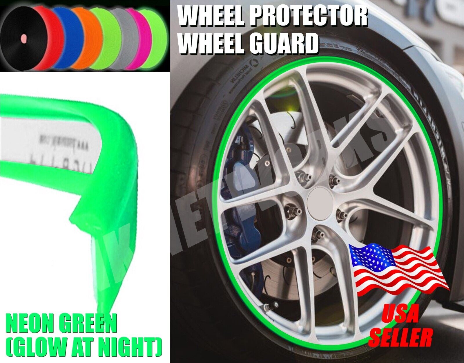 Wheel Rim Edge Guard Protector Universal Fit Silicone 2 Edge Type 4 Pcs (Neon)