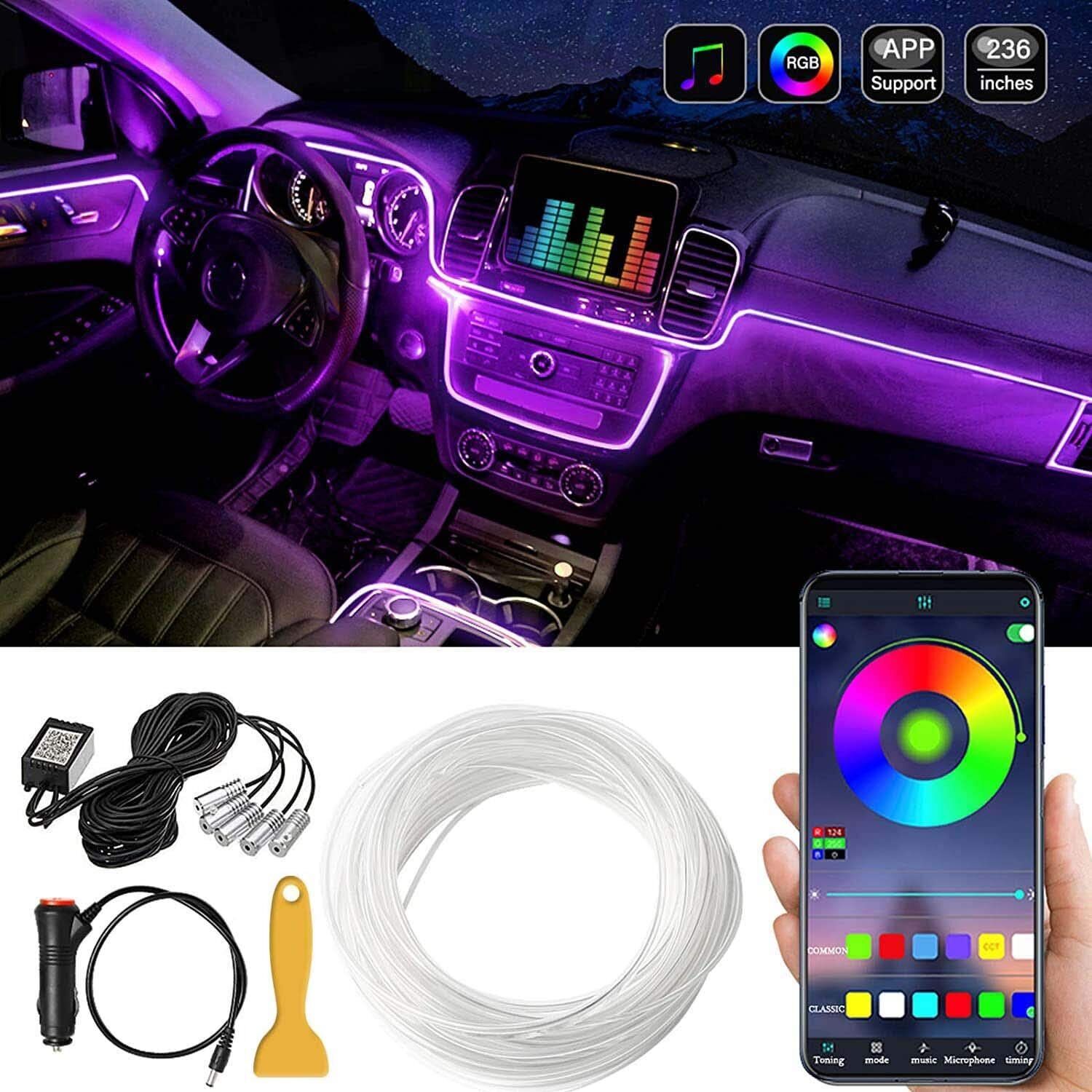 6M Car RGB Interior Ambient LED Strip Light APP Music Control Atmosphere Lamps