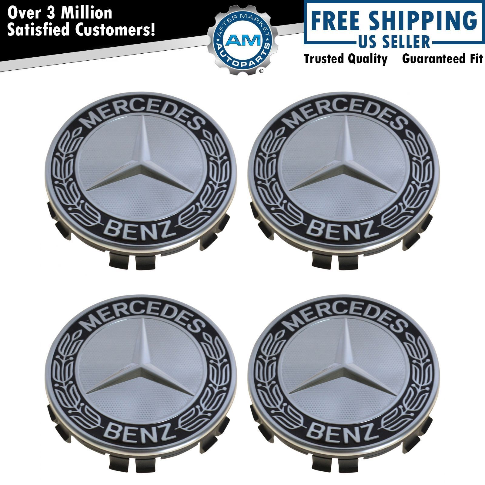 OEM Wheel Center Cap Black Laurel Wreath w/ Star Set of 4 for Mercedes Benz