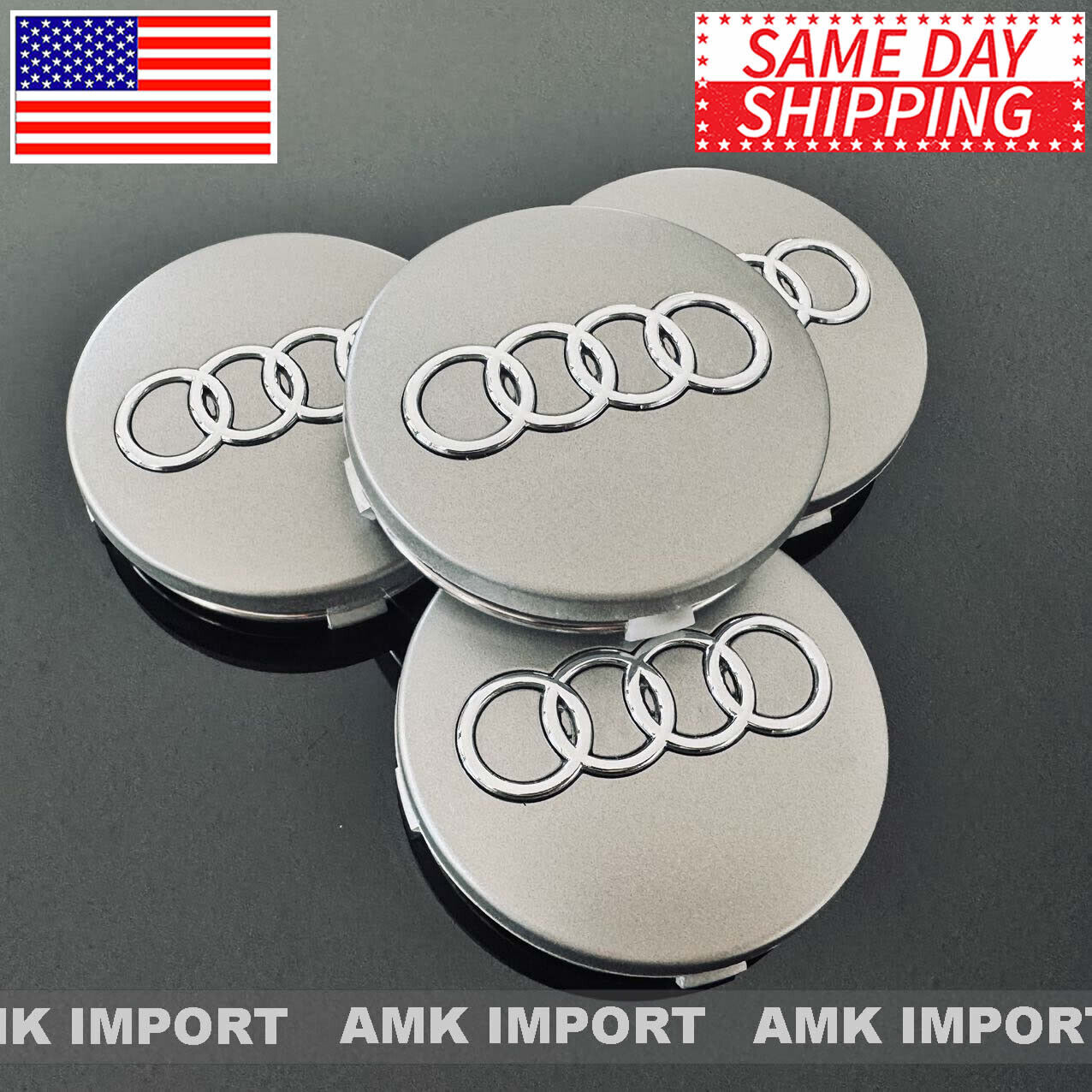 4x Gray Wheel Hub Center Caps with Chrome logo for Audi 60MM 4B0-601-170-7ZJ