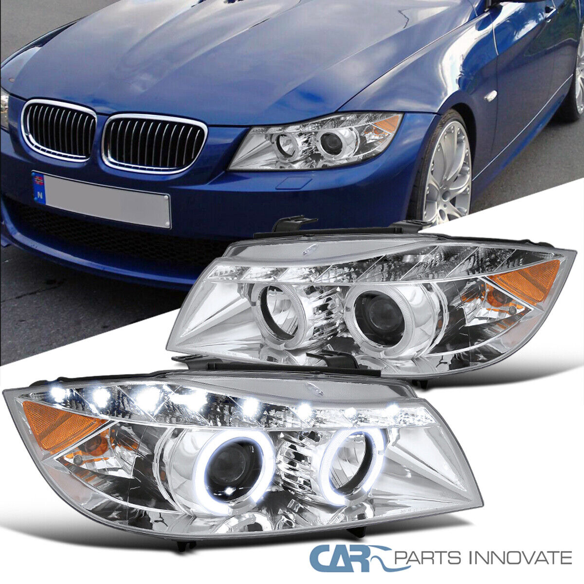 Fits 2006-2008 BMW E90 323i 335i 3 Series LED Halo Projector Headlights 06 07 08