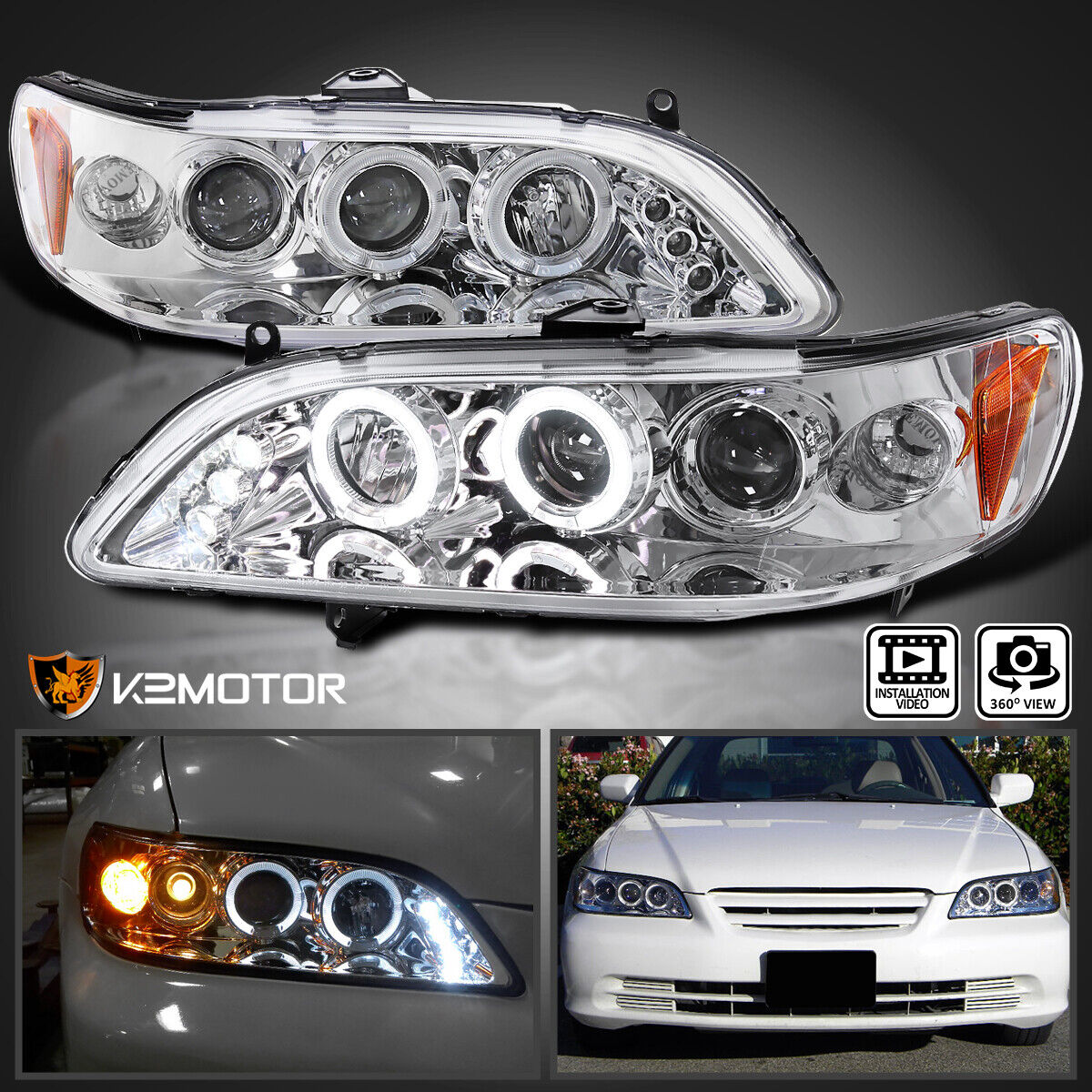 Fits 1998-2002 Honda Accord 2/4Dr LED Halo Projector Headlights Lamps Left+Right