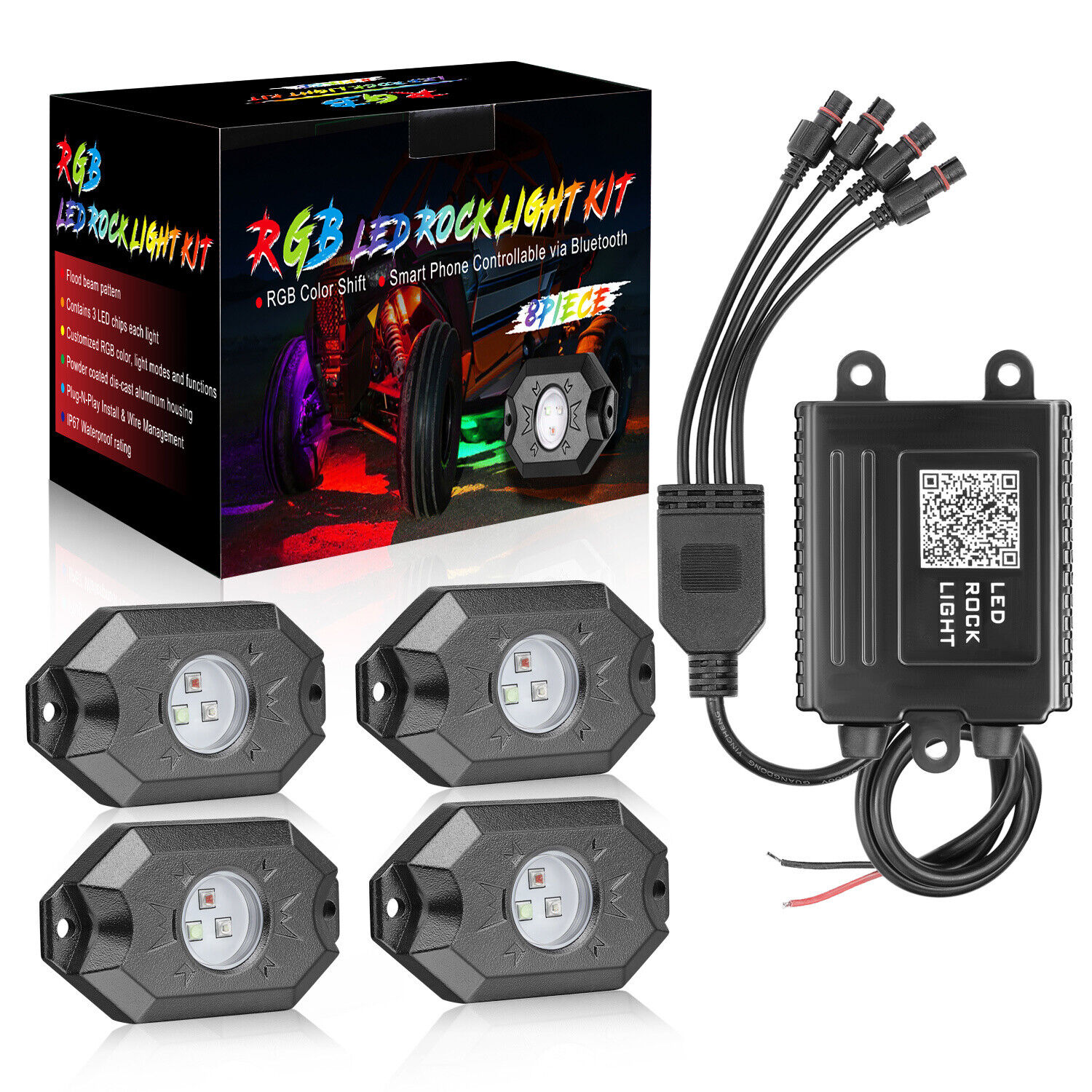 RGB LED Rock Lights Kit Offroad Truck Underbody Neon Pods Motorcycle Boat Truck