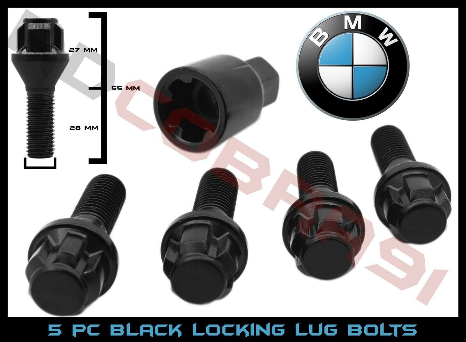 5 Pc Black BMW 14x1.5 Locking Lug Bolts 28mm Shank Stock Aftermarket OEM Wheels