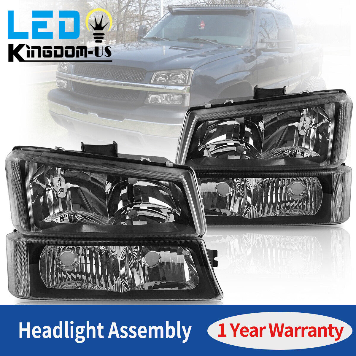 For 03-06 Chevy Silverado Avalanche Black Clear Headlights + Bumper Signal Lamps