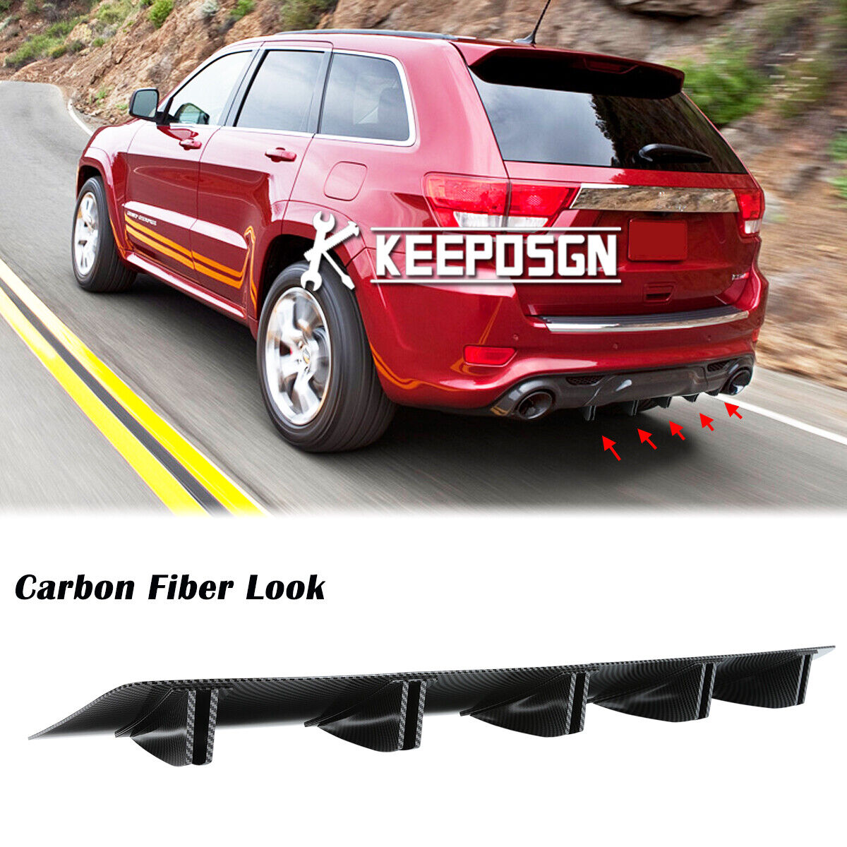 For Jeep Grand Cherokee SRT8 Carbon Rear Lip Bumper Diffuser Shark Fin Spoiler