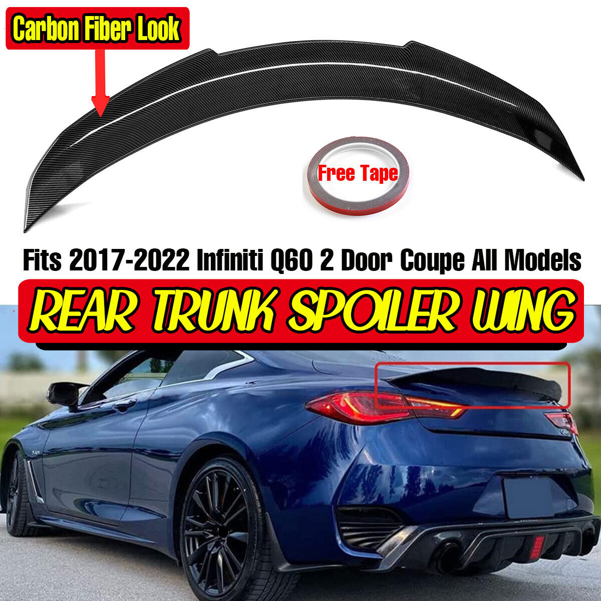 For 17-Up Infiniti Q60 PSM Style High Kick Carbon Style Rear Trunk Wing Spoiler