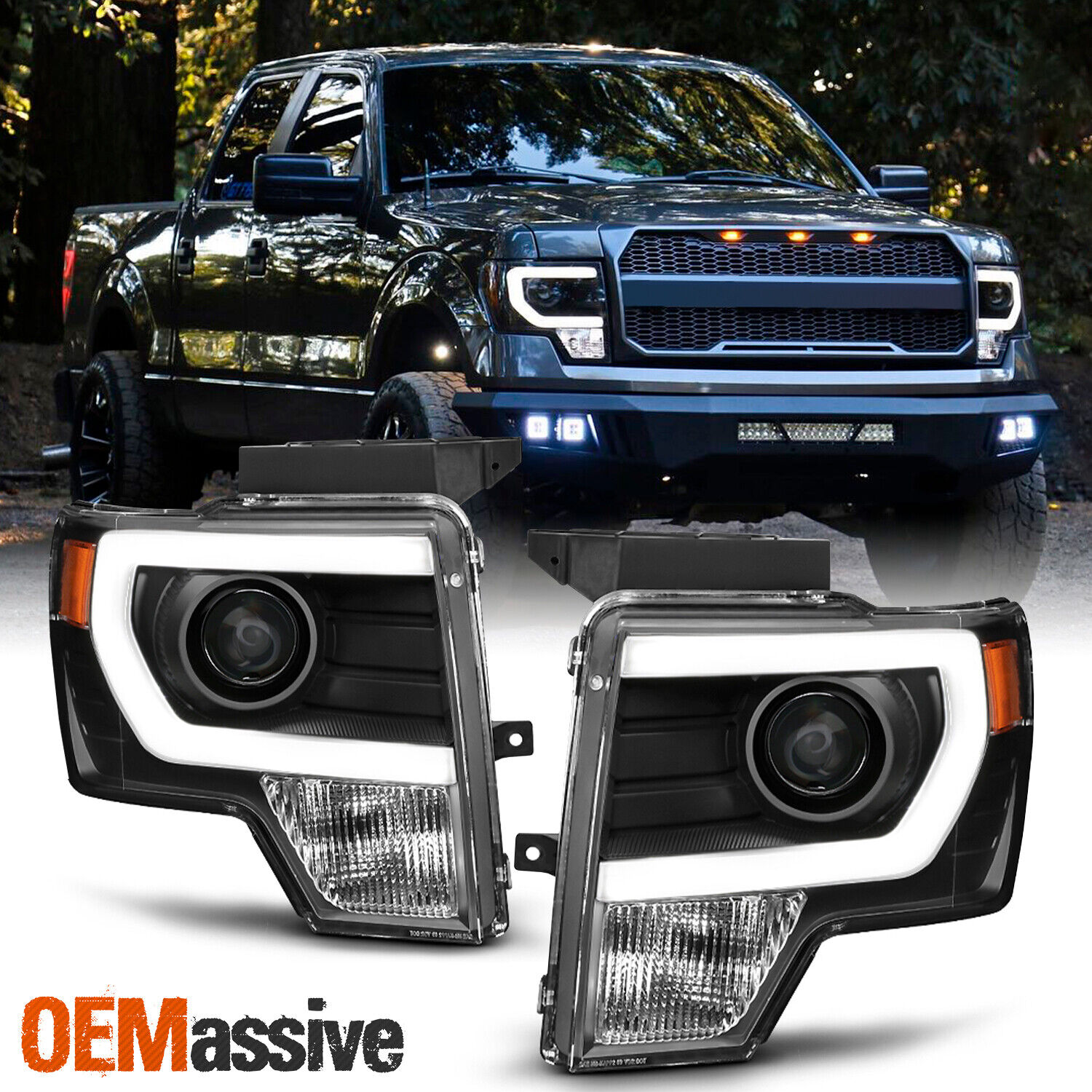 Fit [Halogen] 2009-2014 Ford F150 Black DRL LED Tube Projector Headlights