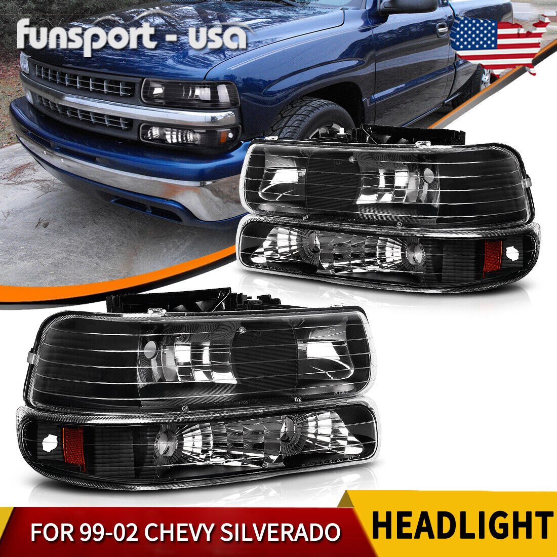 Headlights w/ Bumper Light Headlamps for 99-02 Silverado 00-06 Tahoe Suburban