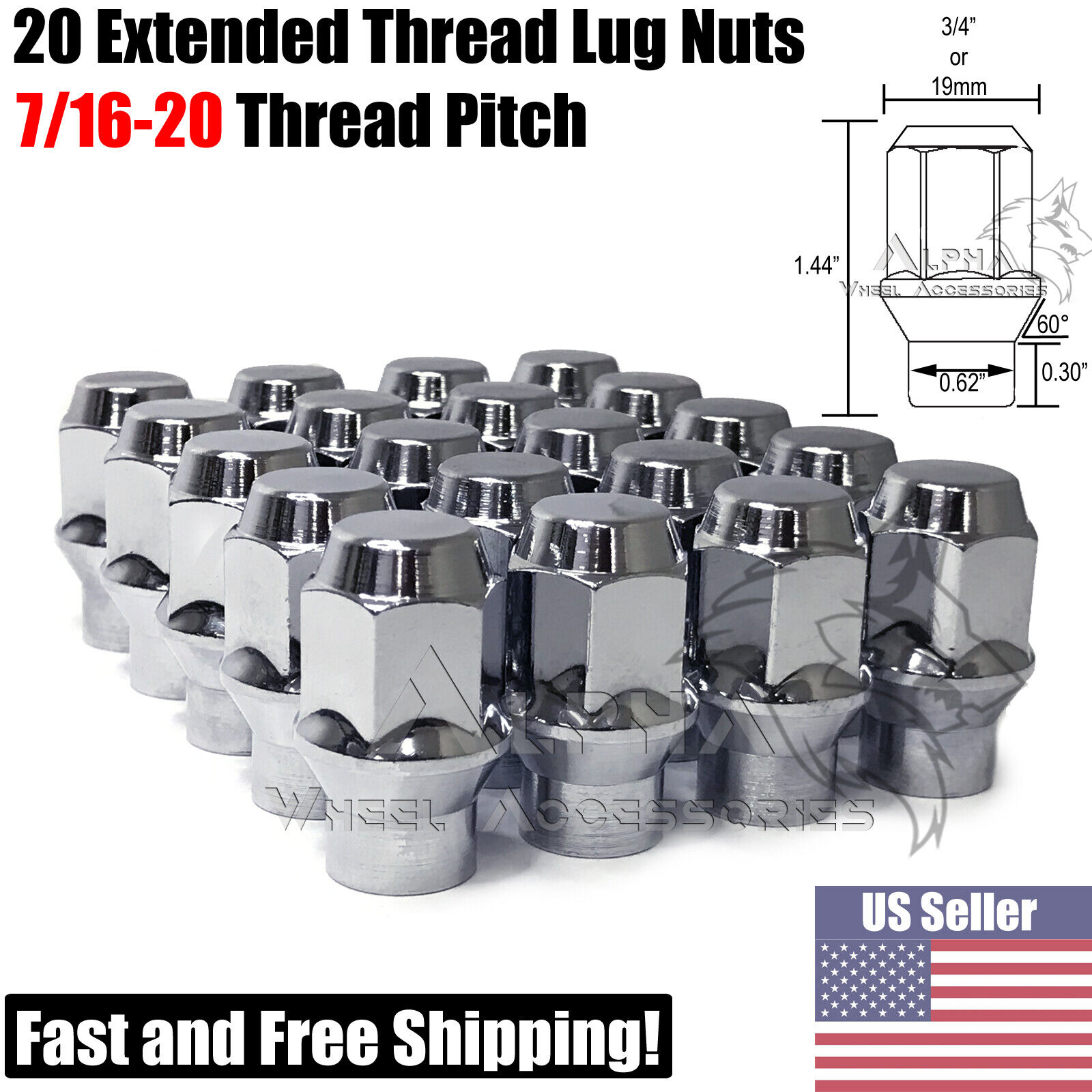20 Chrome 7/16-20 Extended Thread Lug Nuts For Chevy Corvette Camaro Chevelle SS
