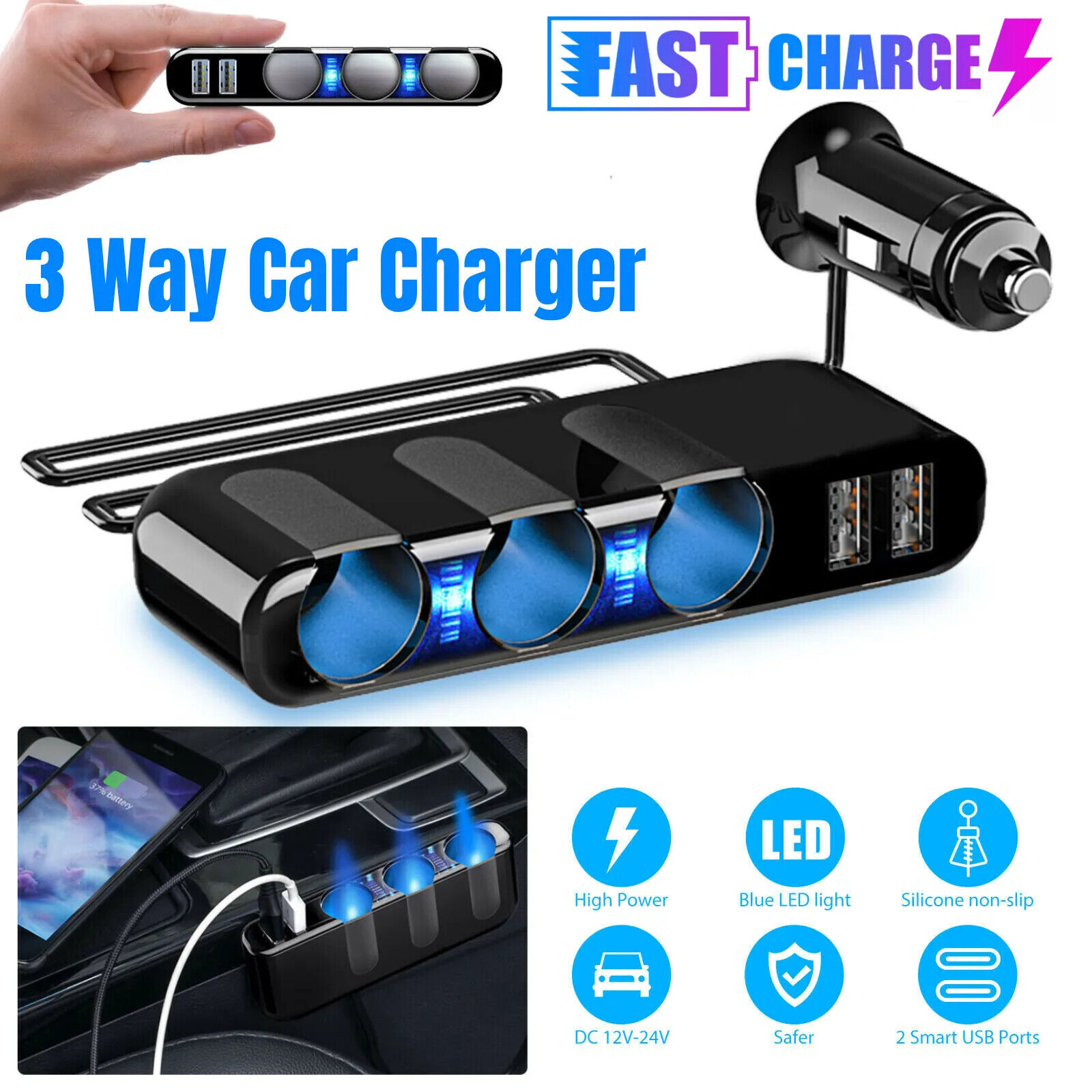 3 Way Car Cigarette Lighter Socket Dual USB Charger Power Adapter Splitter 12V