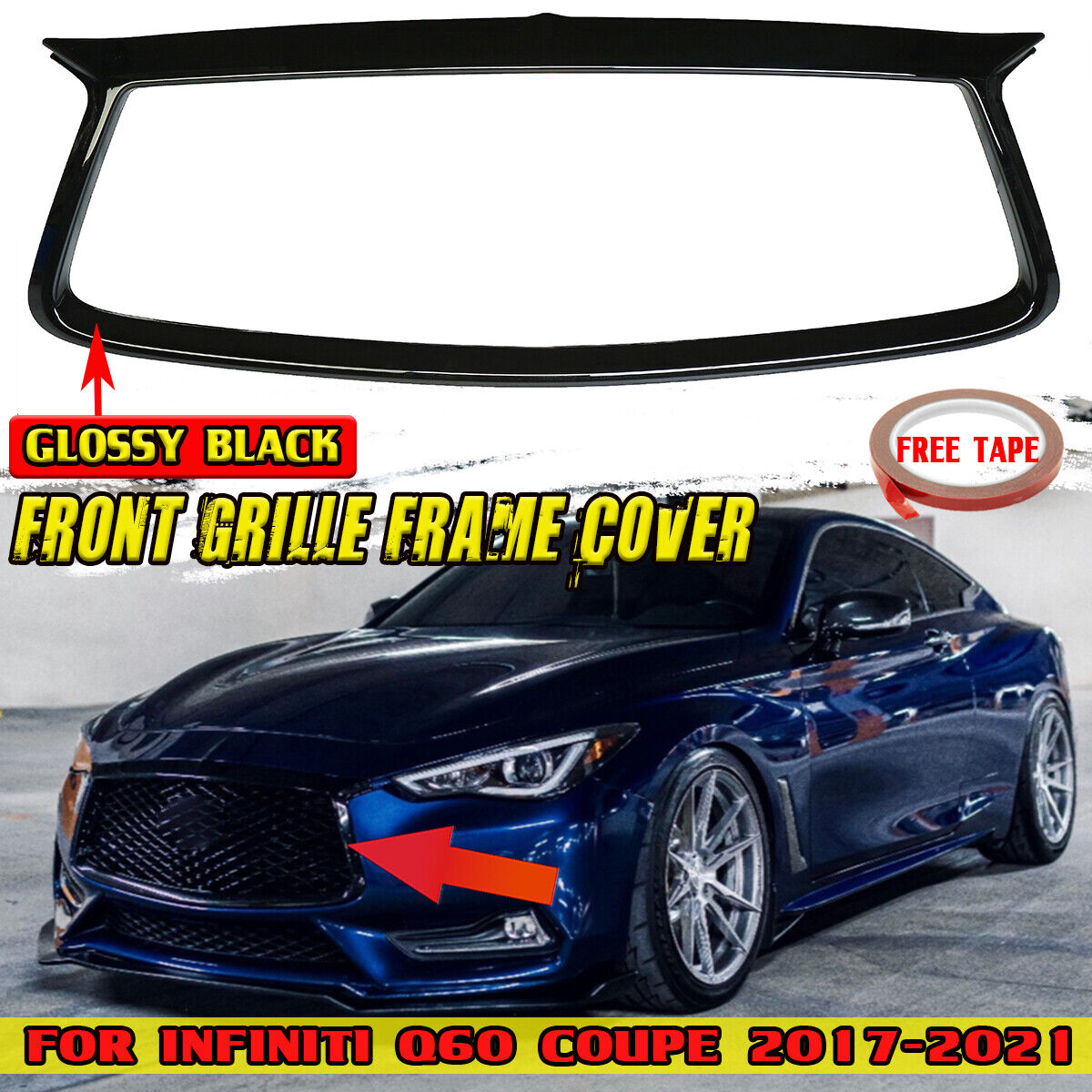 Glossy Black For 2017-2021 Infiniti Q60 Front Grille Grill Trim Overlay Cover