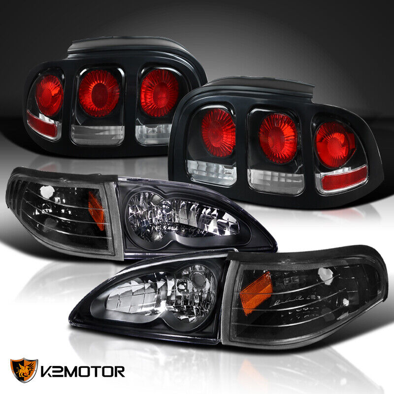Black For 1994-1998 Mustang GT Headlights w/Corner Lamps+Brake Lamps Tail Lights