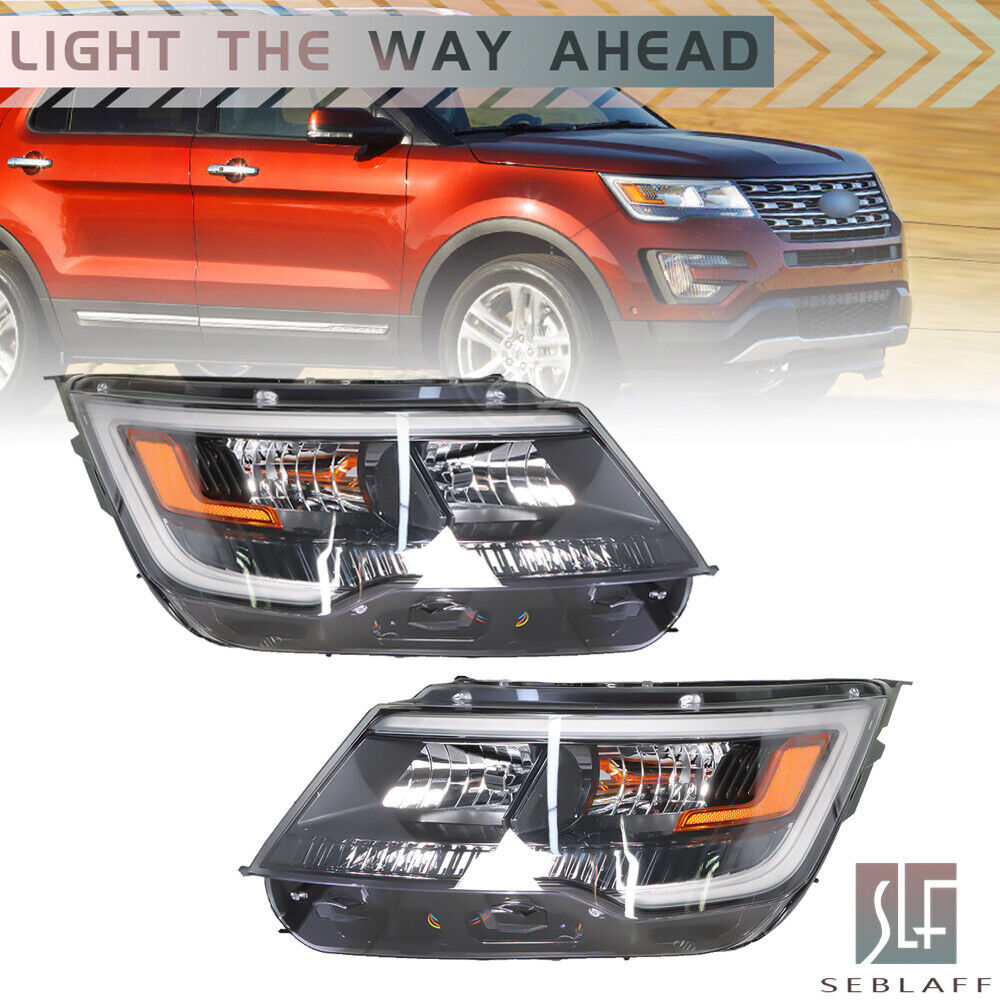 For 2016-18 Ford Explorer Headlight Halogen w/ LED DRL Black Housing Right&Left