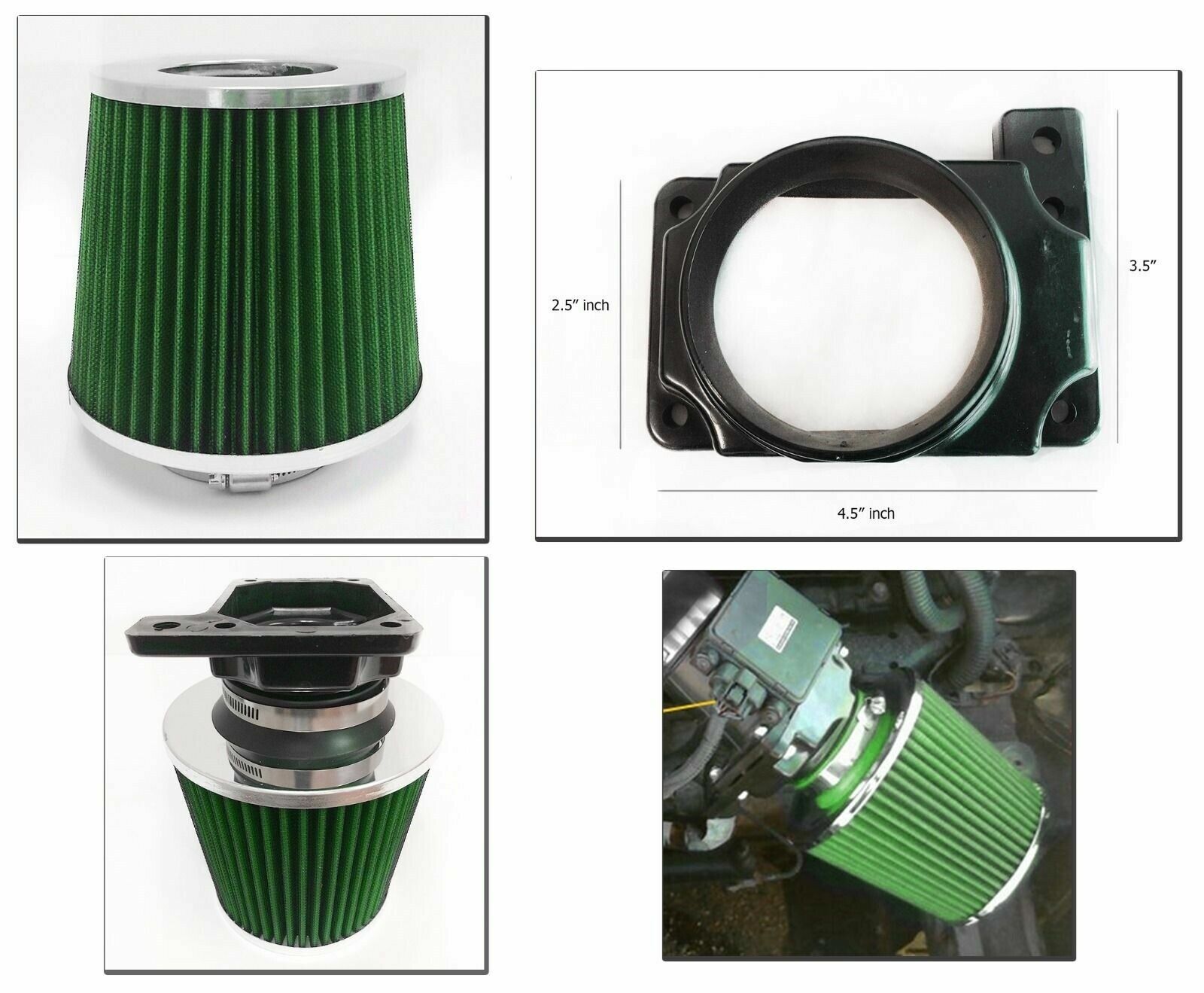 Green Cold Air Intake Filter + MAF Adapter For 1991-1999 Dodge Stealth All Model