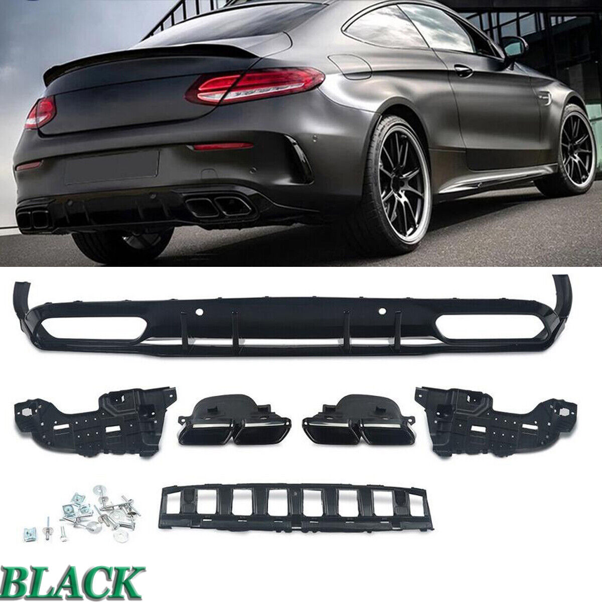 Rear Diffuser Black Exhaust Tips For Mercedes C205 C43 C63 AMG Coupe 2015-2018
