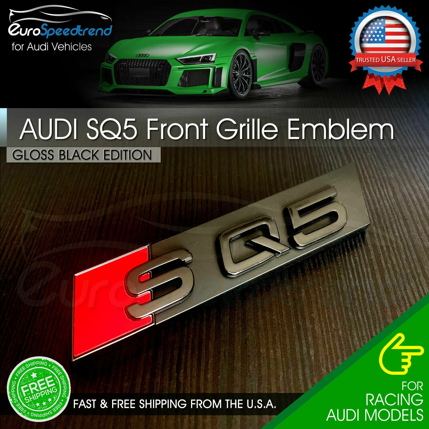 Audi SQ5 Front Grill Emblem Gloss Black for Q5 SQ5 Hood Grille Badge Nameplate