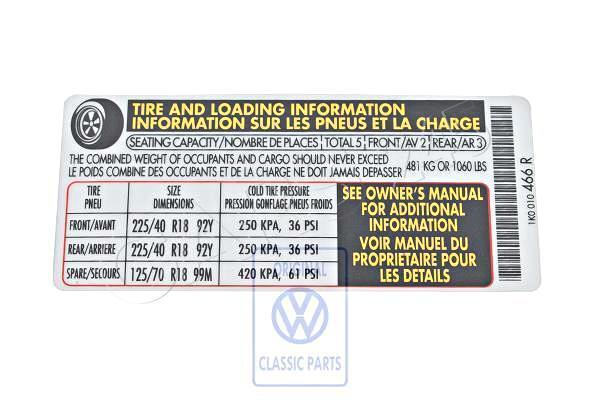 Genuine Volkswagen Data Plate For Tire Pressure NOS 1K0010466R