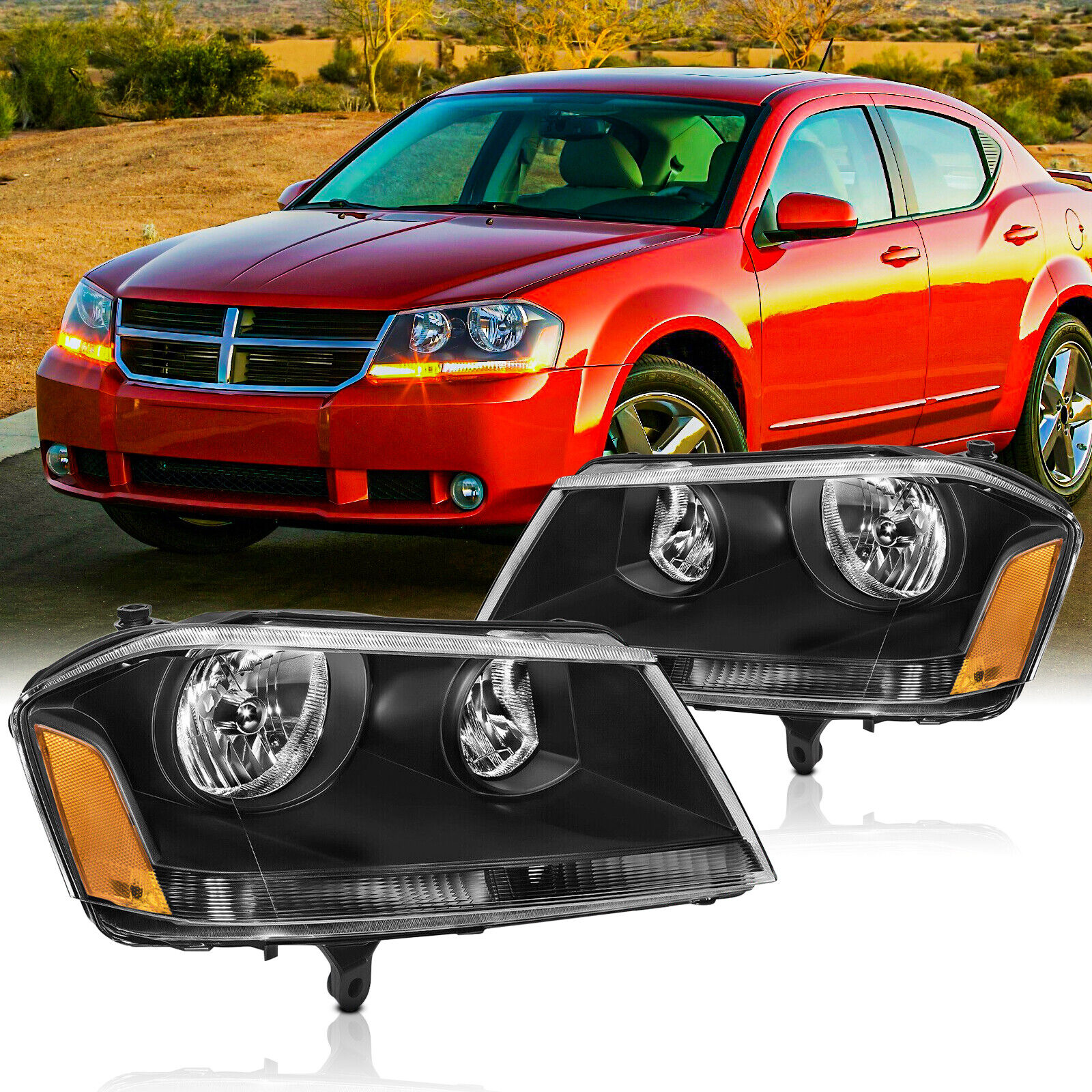 Black Amber 2008-2014 Dodge Avenger Headlights Headlamps Replacement Left+Right