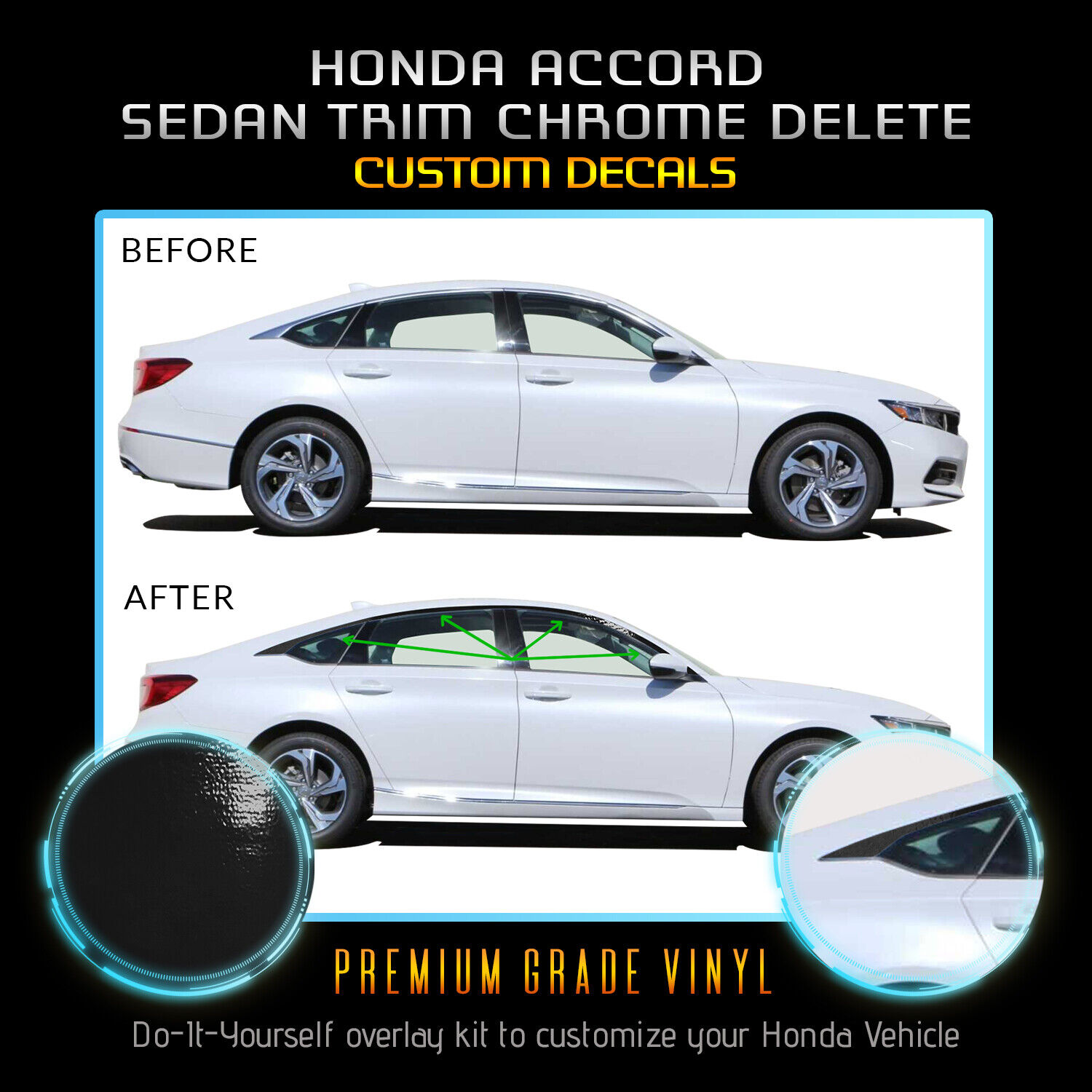 Fit 18-20 Honda Accord Window Trim Chrome Delete Blackout Pre Cut - Gloss Black