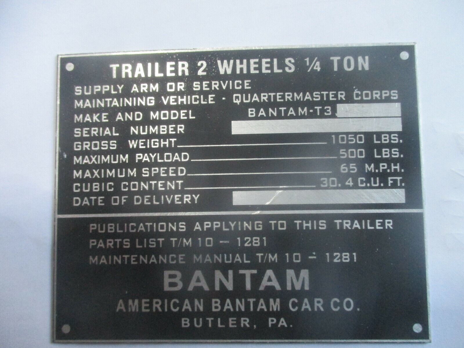 Nameplate Willys Jeep Bantam Trailer Pendant Sign Id Plate Ww 2 II Aluminium S85