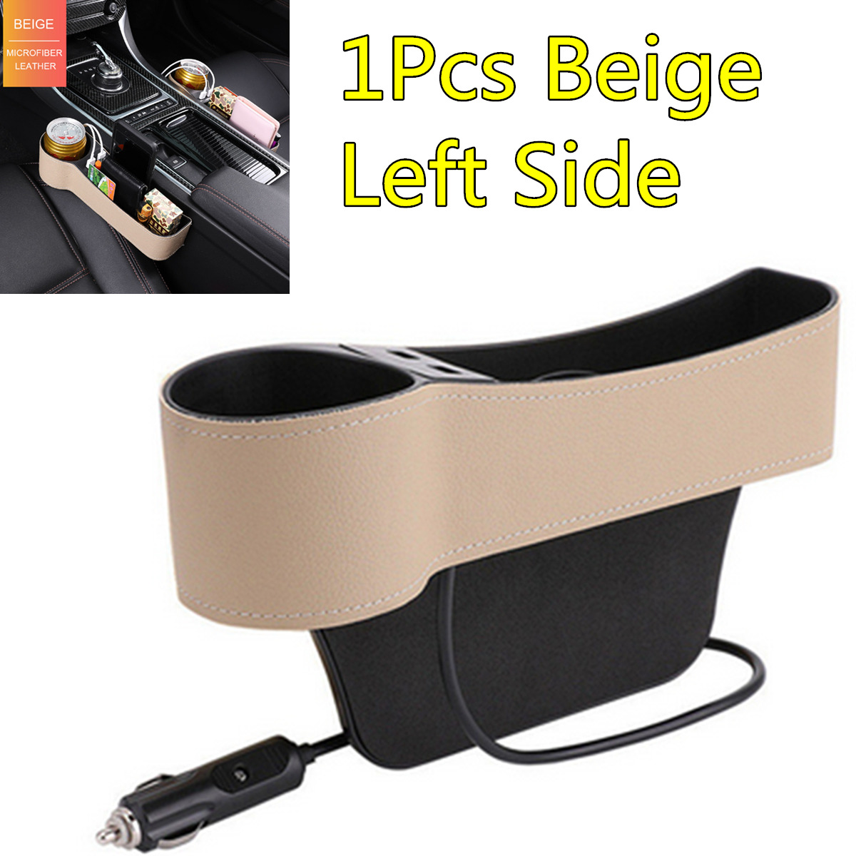 Universal Car Seat Gap Organizer Left Side Beige Leather Slit Pocket Tidying Box