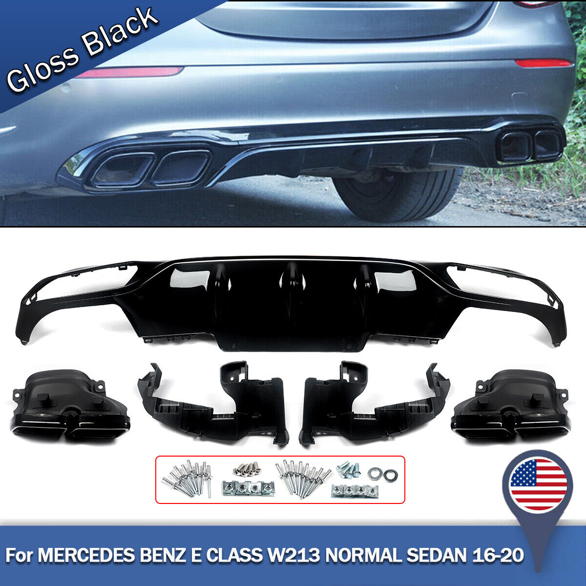 For 16-20 Mercedes Benz E Class W213 Standard Bumper Rear Diffuser & Exhaust Tip