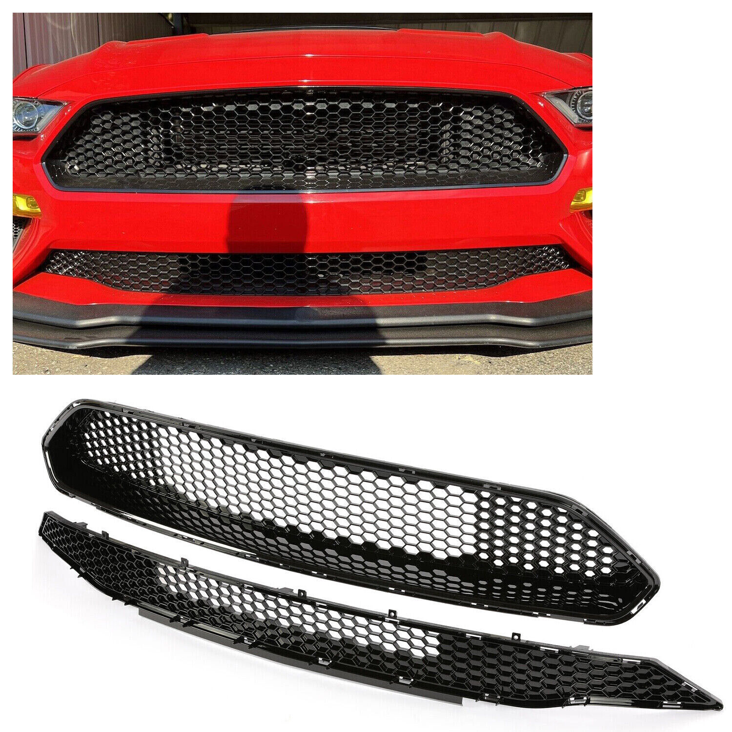 For 2018-2022 Ford Mustang Front Upper Grille + Lower Mesh Grill Honeycomb Black