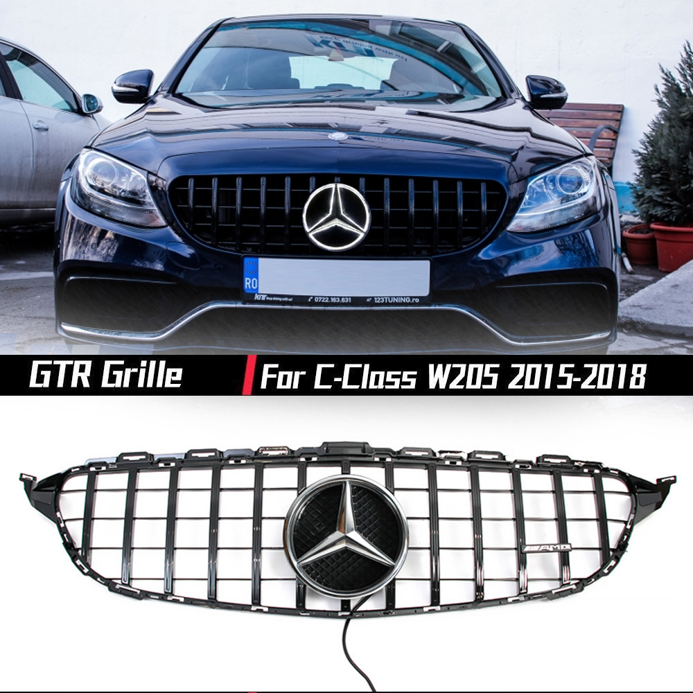 Black GTR Grill Grille W/ LED Emblem For 2015-2018 Mercedes W205 C180 C300 C250