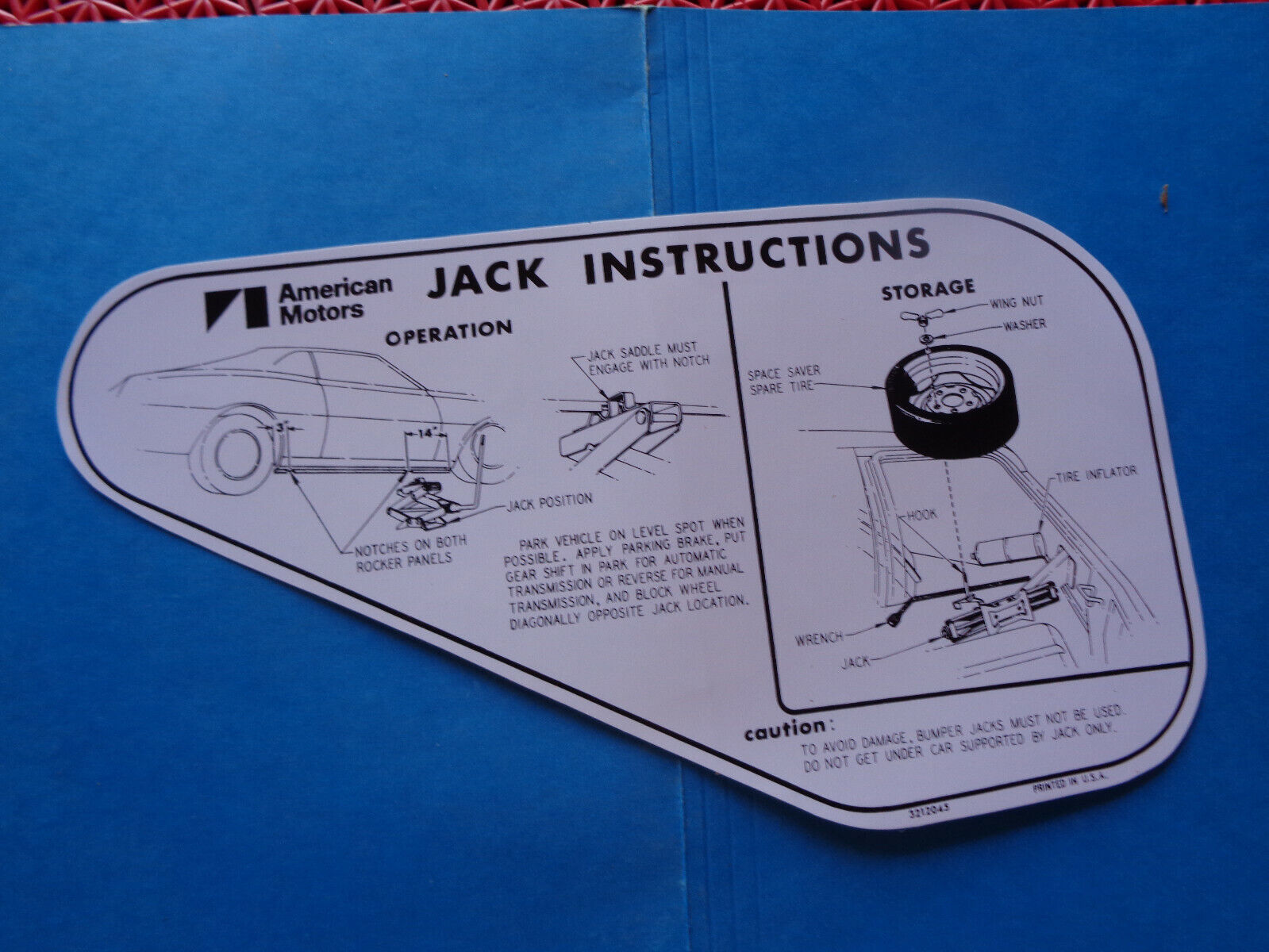 1971 - 1972 American Motors Javelin AMX jacking instructions (space saver tire)