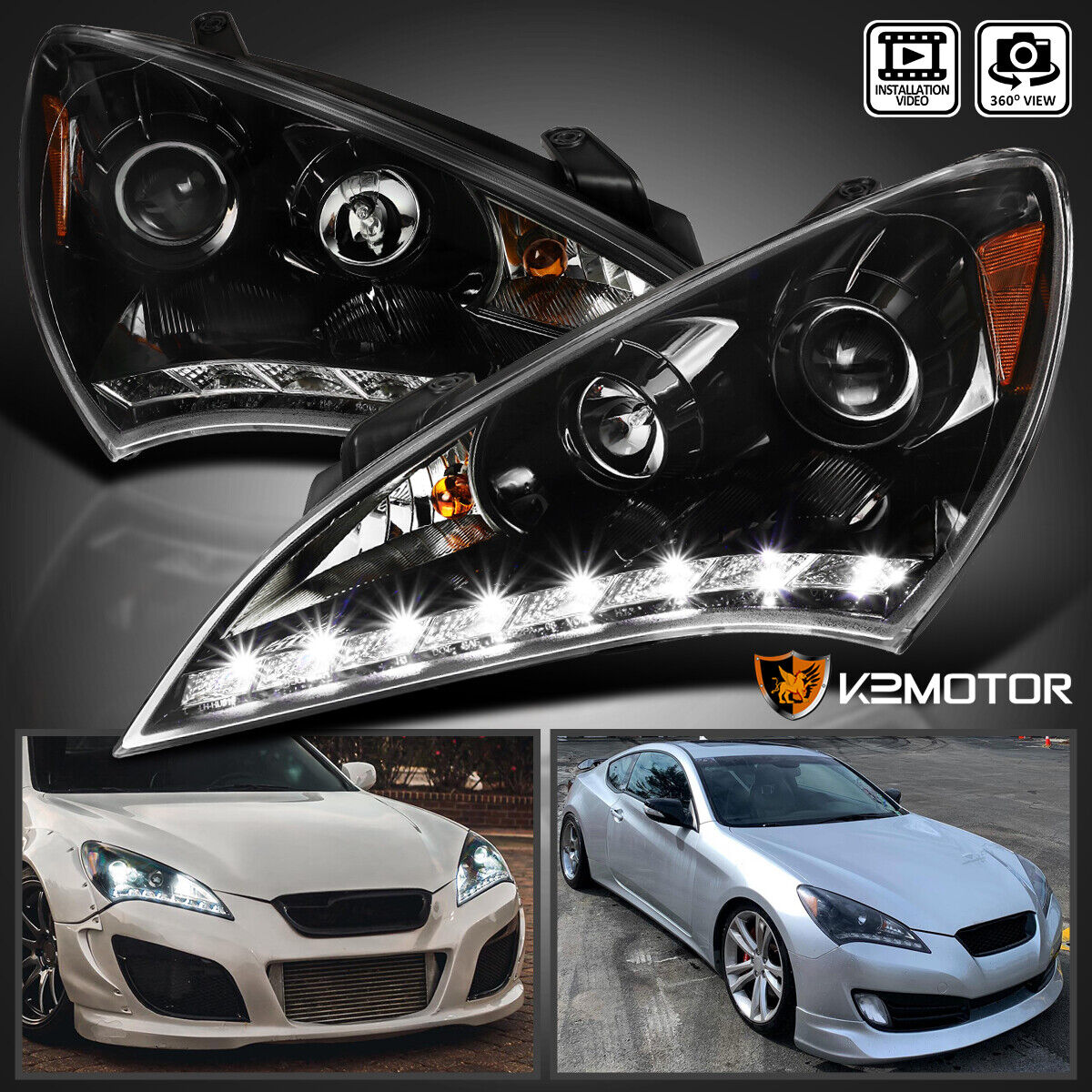 Jet Black Fits 2010-2012 Hyundai Genesis 2Dr Coupe LED Strip Projector Headlight