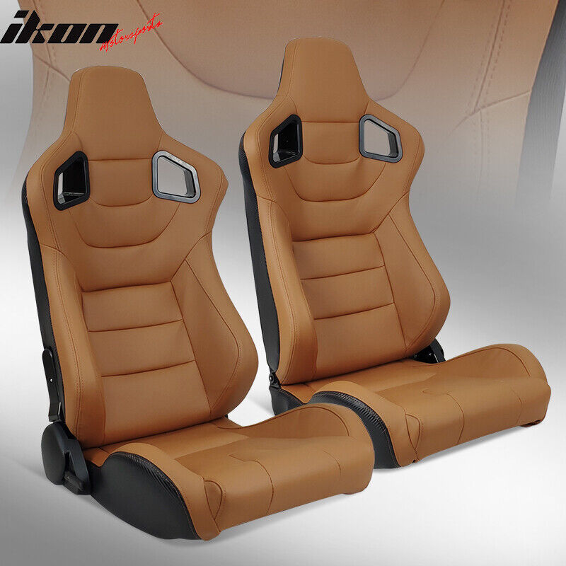 Universal Pair Reclinable Racing Seats + Dual Sliders Brown PU Carbon Leather