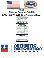 1968 Charger Coronet Satellite 383 440 7.75x14 & 7.75x15 Tire Pressure Decal New picture