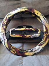 YELLOW AND BROWN TIGER STRIPS FLEECE STEERING WHEEL & REAR VIEW MIRROR SET picture